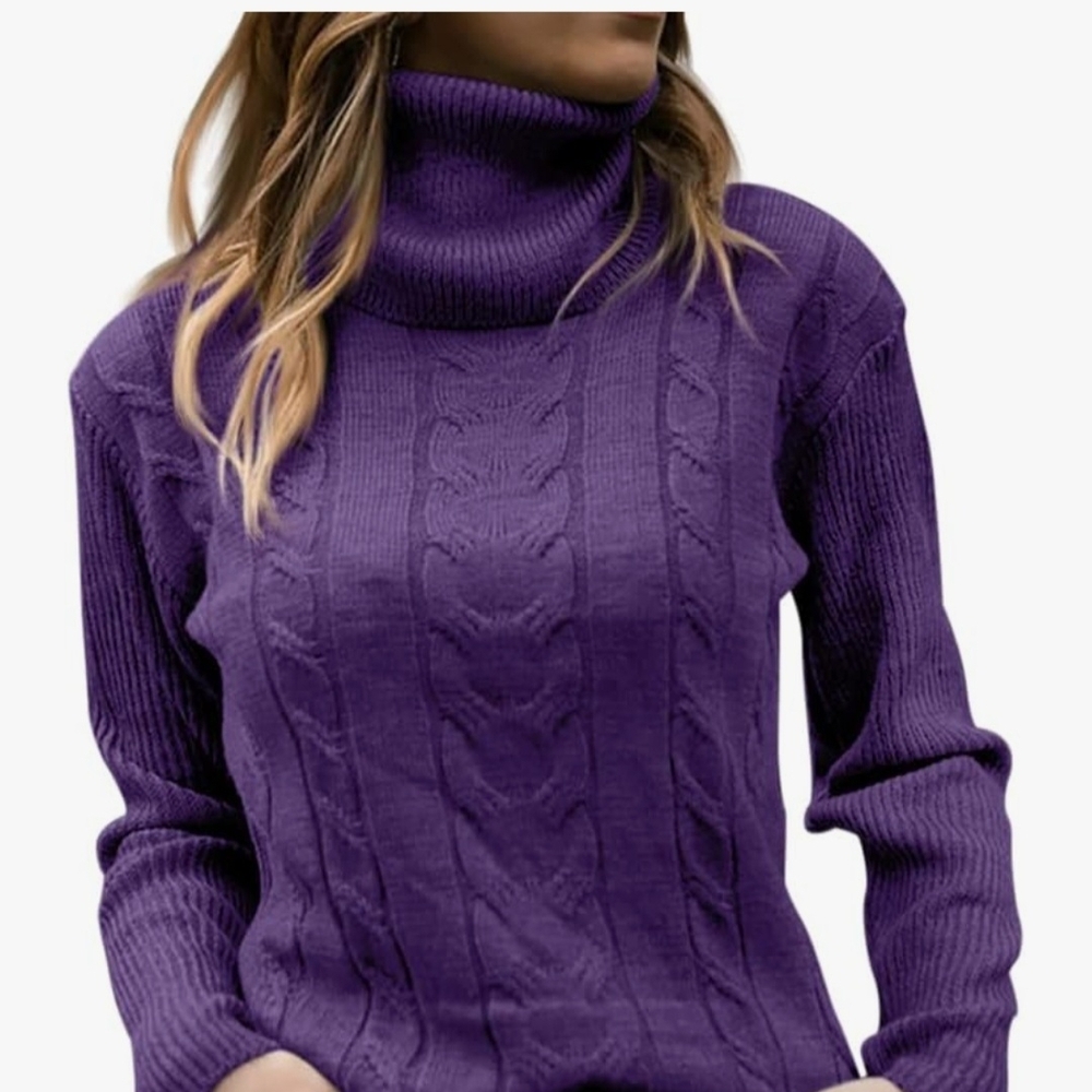 Women's Cable Knit Turtleneck Sweater - Purple